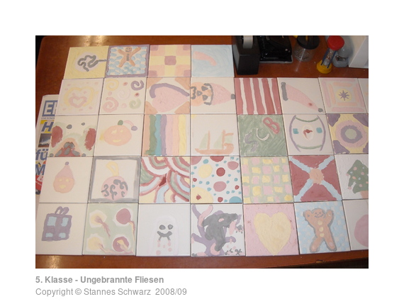 Unburnt glazed tiles, made by 5th class pupils