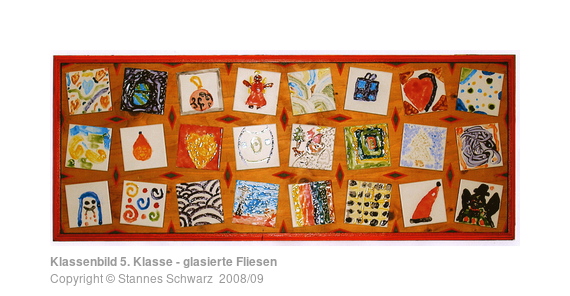 Picture with 24 glazed tiles, made by children