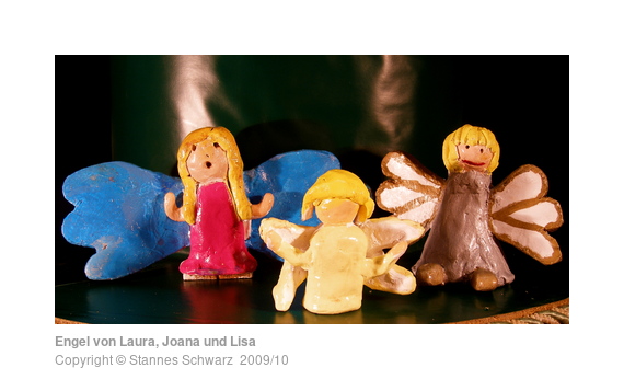 Clay figurines of three angels, made by 6th class pupils