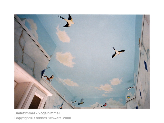 Birds in the sky in the bathroom