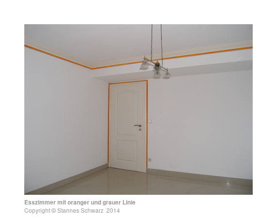 Dining room with lines in orange and grey